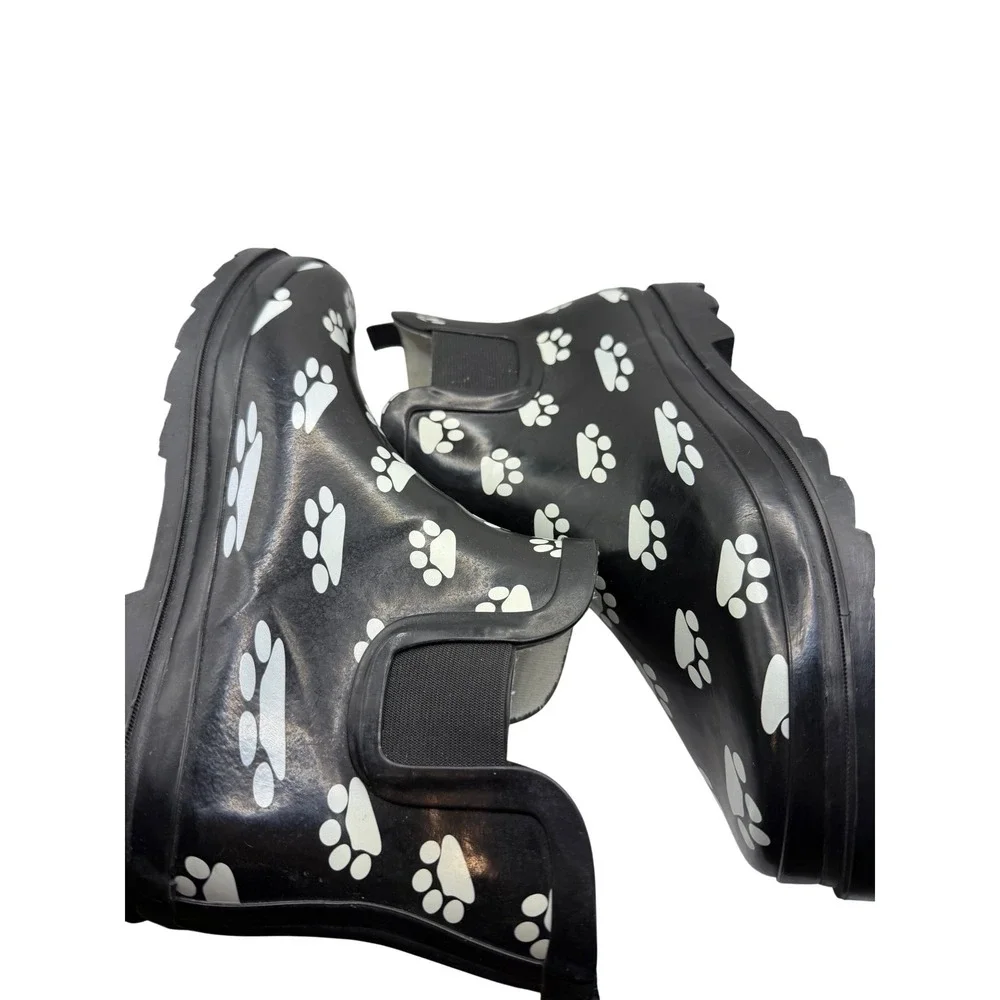 Norty Womens‎ Paw Print Rain Boots Black White Ankle Rubber Booties Size 11
